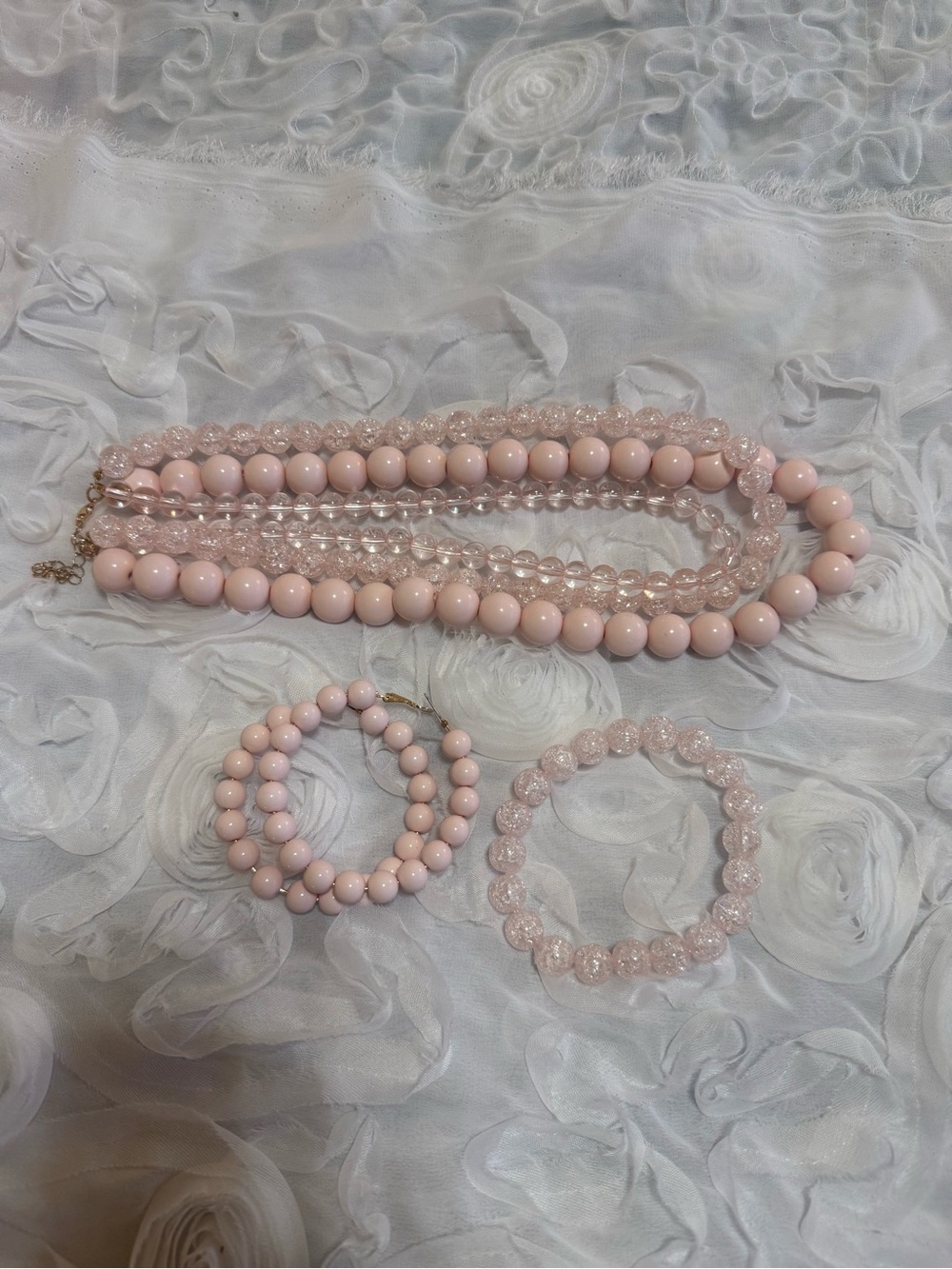 Elegant Pink Beaded Necklace, Earrings and Bracelet Set